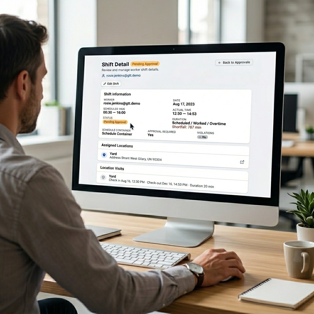 Shift detail showing scheduled vs actual times, duration, overtime, and assigned locations