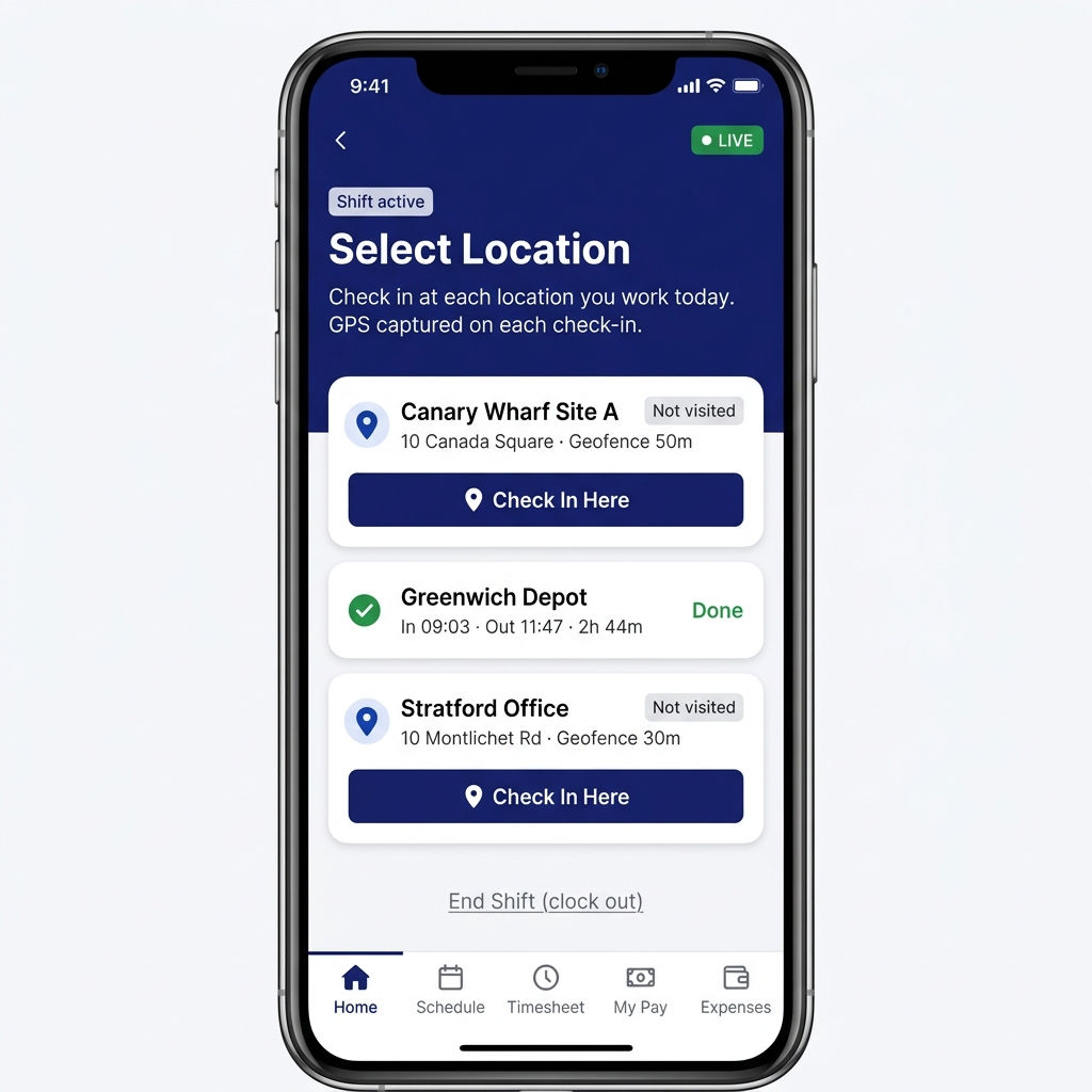 Mobile app showing GPS location check-in at multiple work sites with geofence verification