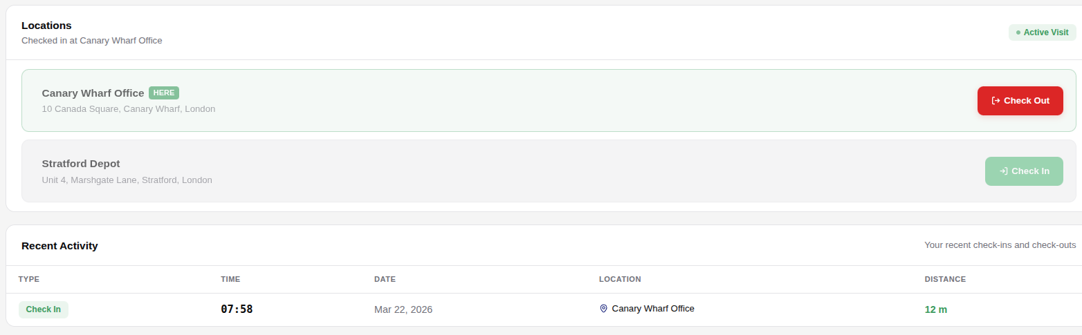 Worker shift detail showing GPS check-in at Canary Wharf Office with 12m distance verification