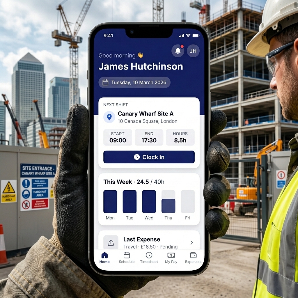 Worker mobile app showing next shift, Clock In button, weekly hours, and expenses