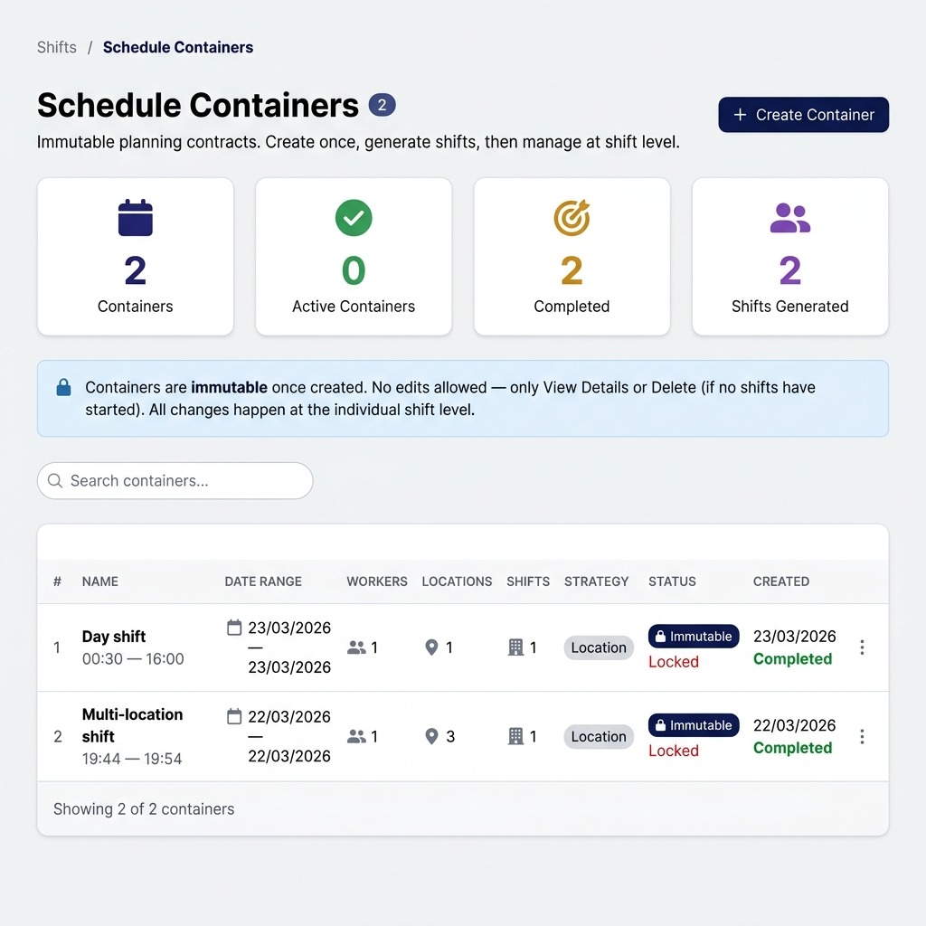 Create Schedule Container form showing date range, locations, workers, and tracking strategy